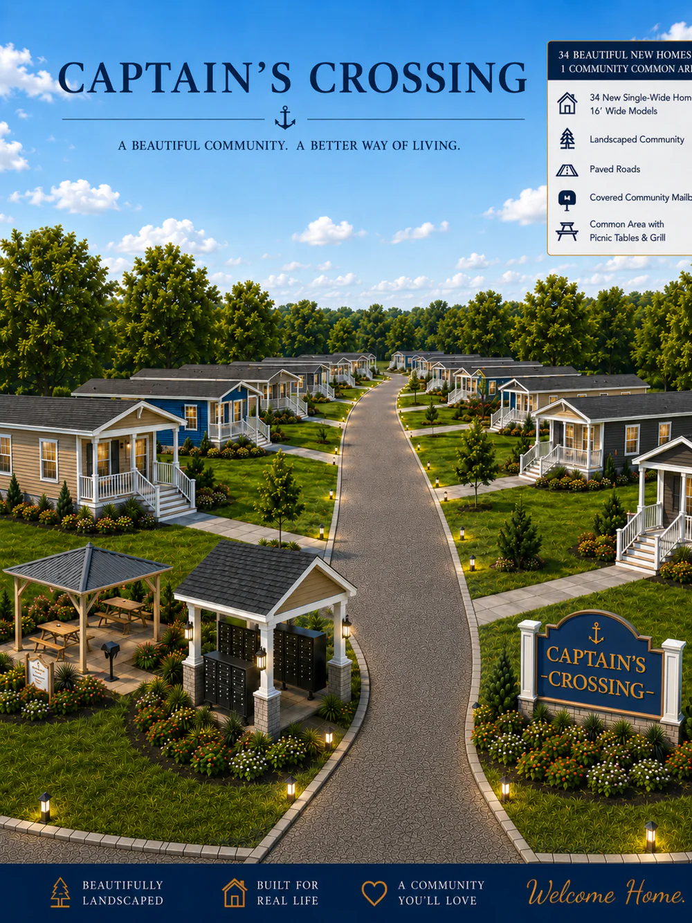 The Captain's Crossing community overview sheet: an aerial rendering of the finished community beside a panel listing 34 new homes, landscaped grounds, paved roads, covered mailboxes and a common area.