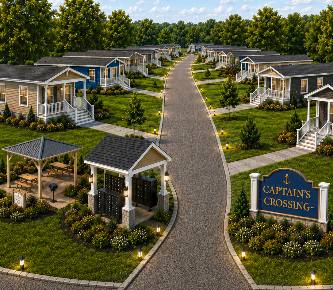 Aerial rendering of the finished Captain's Crossing: two rows of new homes with covered porches facing a paved lane, a picnic pergola, a covered mailbox pavilion and the navy and gold community sign at the entrance.