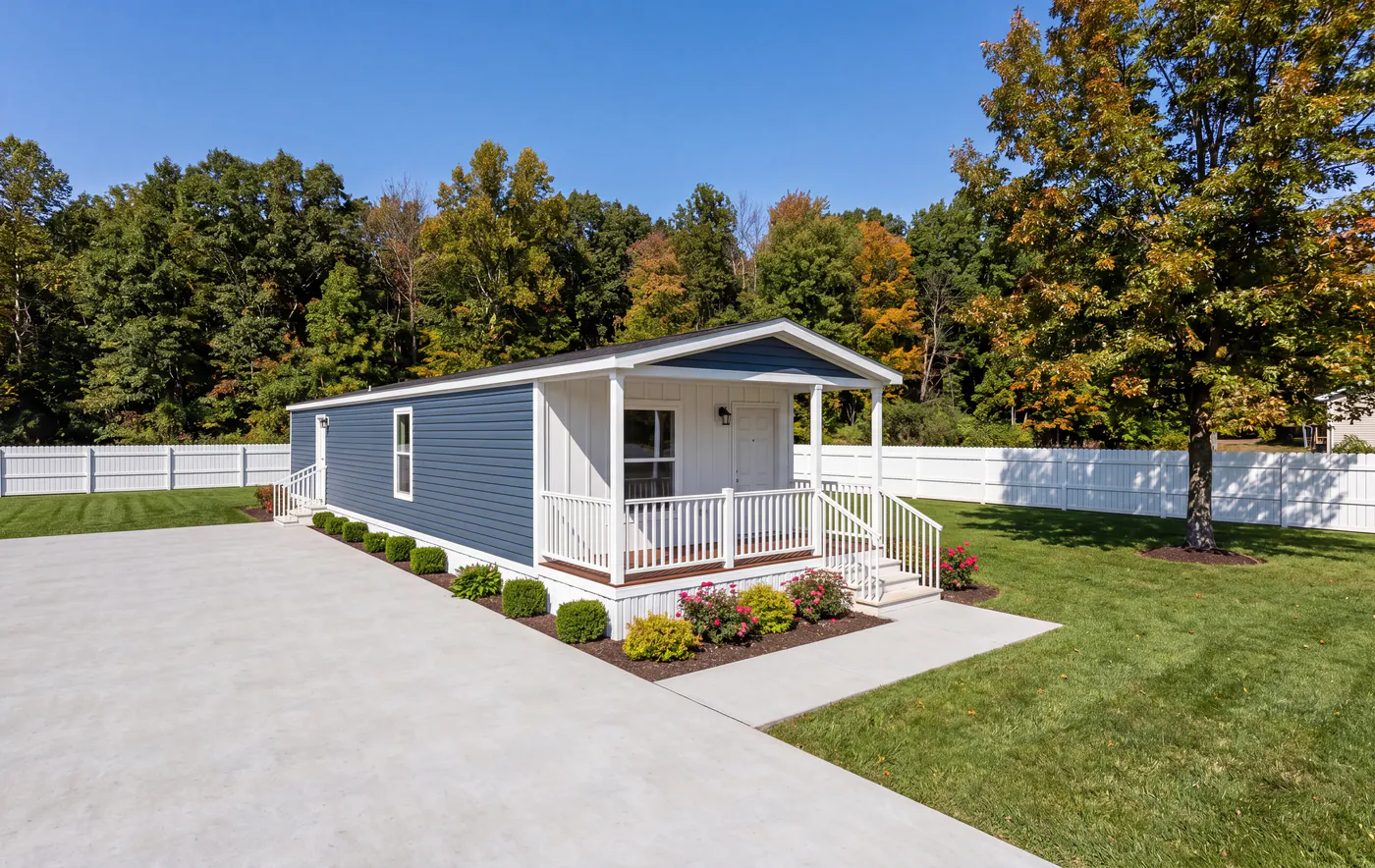 Bayou Blue home with a white board-and-batten porch wall, blue lap siding along the side, white railings and a poured driveway.