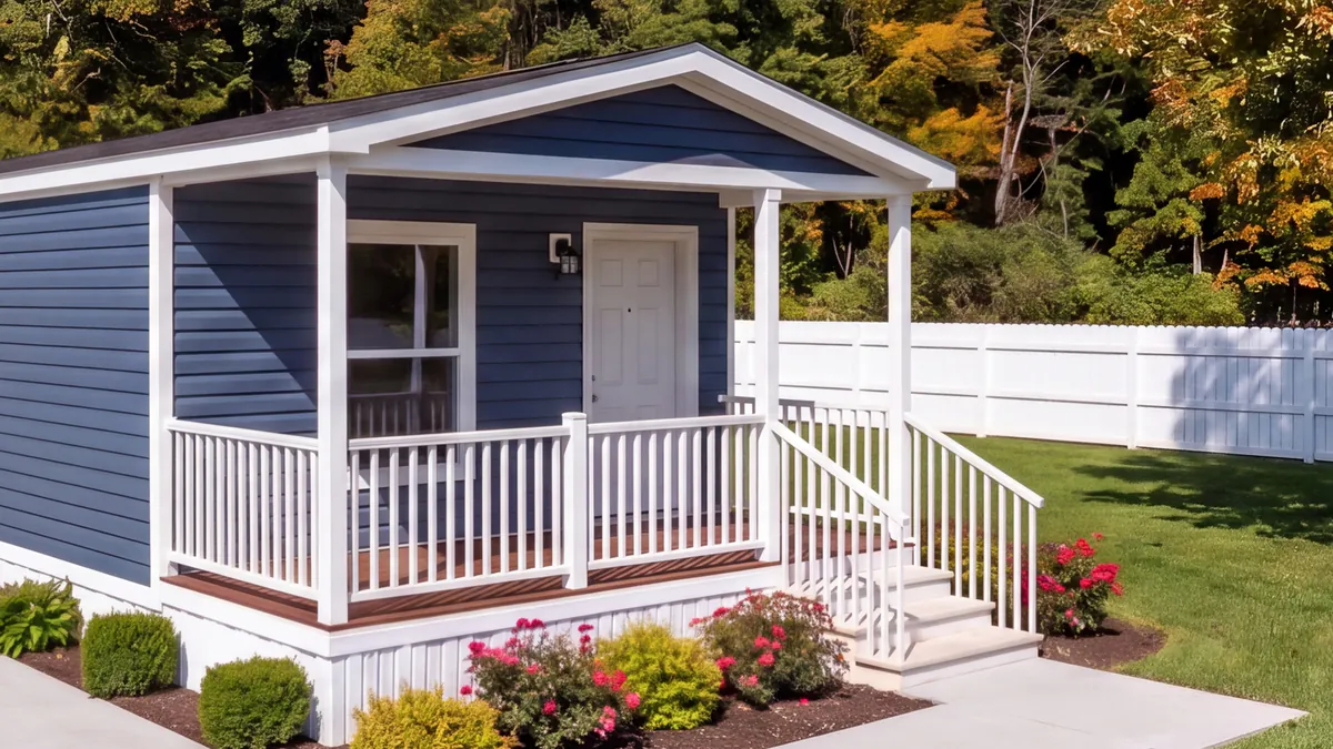 Bayou Blue home with blue lap siding carried across the porch wall, white posts, white railings and a wood porch deck.