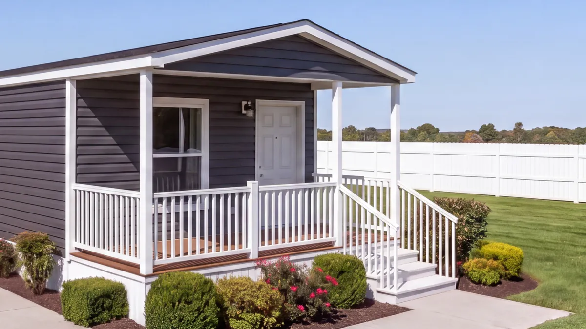 Graphite home with dark grey lap siding carried across the porch wall, white posts and white railings.